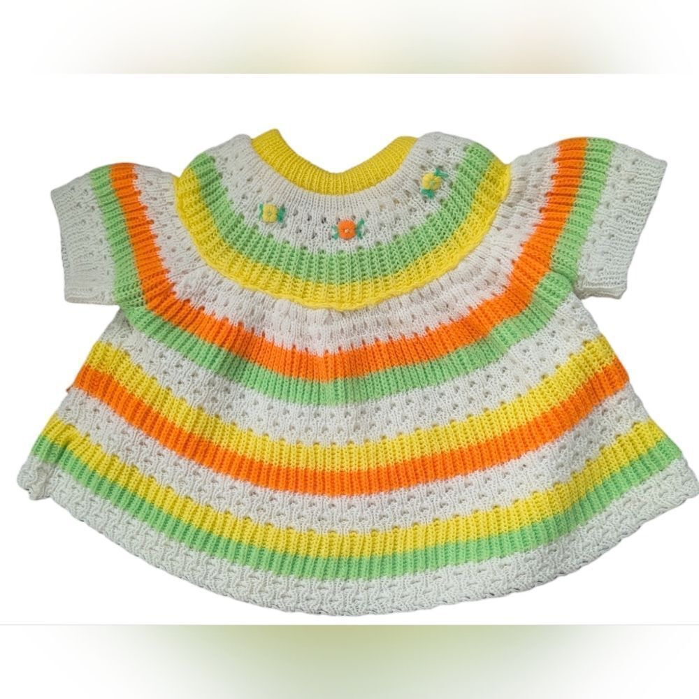 70s vintage infant florescent striped & floral crochet‎ knit sweater dress